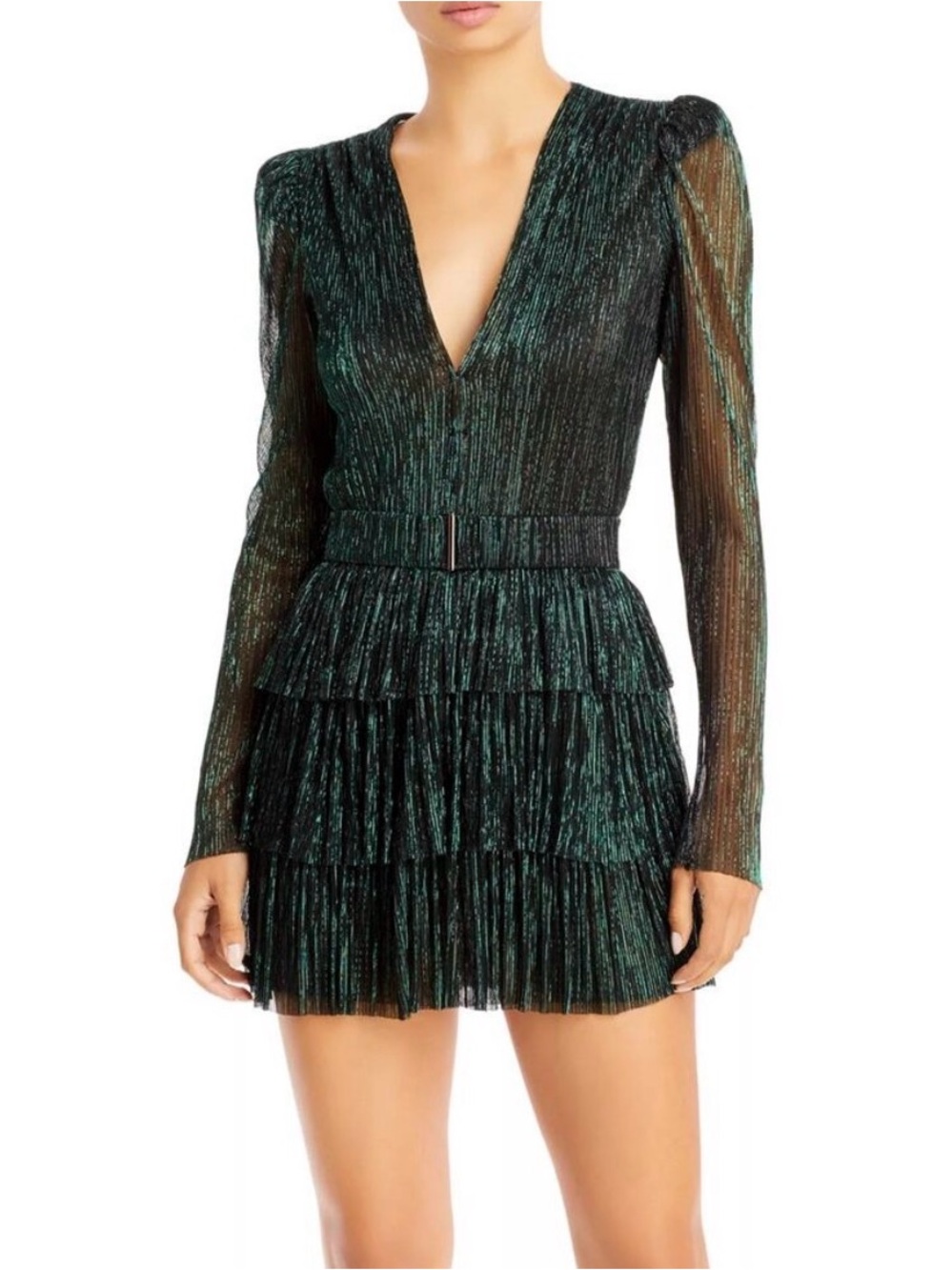 Sabina Musayev Emerald Metallic Long-Sleeve Tiered V-Neck Dress